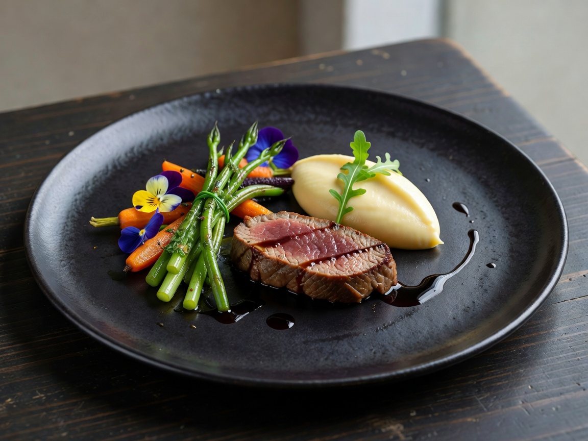 Beautifully plated gourmet dish on a dark ceramic plate