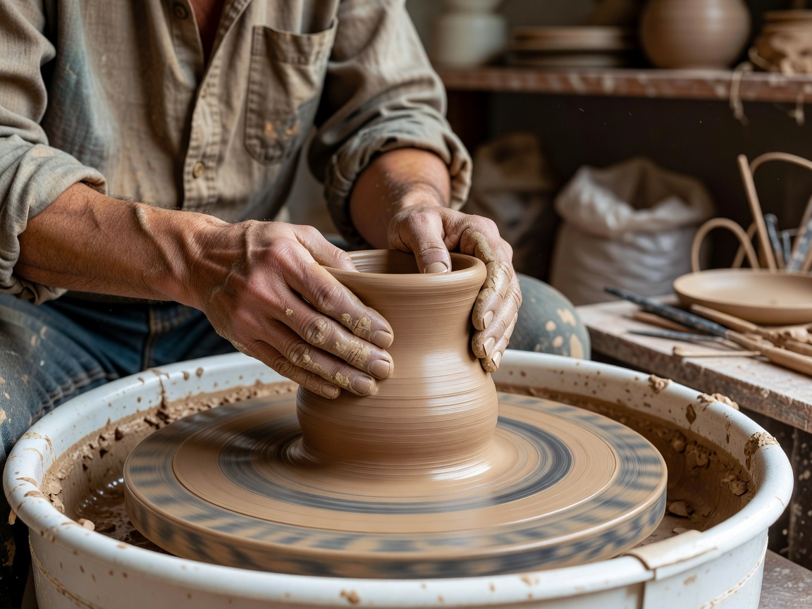 Close up of a ceramic artist shaping clay on a pottery wheel