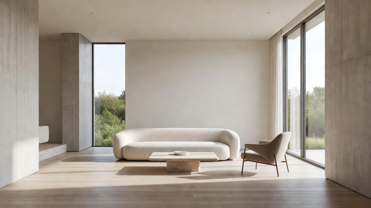 Luxurious modern minimalist interior living space with natural light